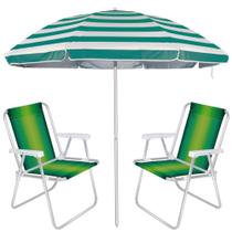 Kit Praia Guarda Sol Verde Articulado 2,60 M + 2 Cadeiras de Praia Aluminio Mor