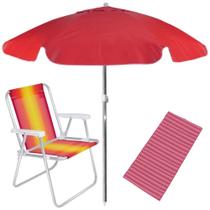 Kit Praia Guarda Sol Vermelho 1,60 M, Cadeira de Praia e Esteira 1,80 M