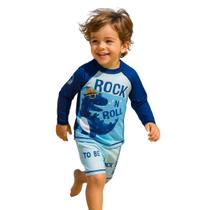 Kit Praia Infantil Dino Azul Menino Manga Longa UV Proteção Kit Praia Infantil Dino Azul Menino Manga Longa UV Proteção