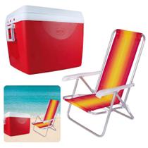 Kit Praia / Pesca Cooler Vermelho 75 L Divisoria e Alca + Cadeira 4 Posicoes Aluminio Mor