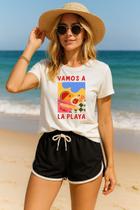 KIT PRAIA TShirt Estampada VAMOS A LA PLAYA com Short Tactel com Elastano Camiseta 100 Algodão