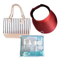 Kit Praia Verão Chapéu Vermelho Viseira, Bolsa E Kit Viagem