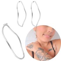 Kit PRATA 925 bracelete e brinco argola de prata 925 ondulado feminino