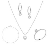 Kit Prata 925 Colar Ponto Luz Coração e Anel Solitário