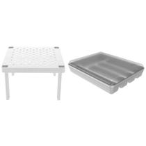 Kit Prateleira Empilhável e Porta Talheres com Tampa para Gaveta Organizador de Armário OU