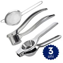 Kit Prático 3 Peças Cromado Espremedor de Limão Peneira 12cm Amassador de Alho