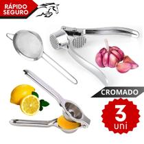 Kit Prático 3 Peças Cromado Espremedor de Limão Peneira 12cm Amassador de Alho
