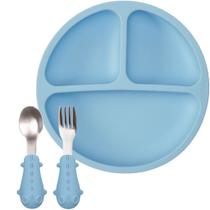 Kit Pratinho C/ Divisórias E Ventosas E Talheres Em Silicone E Aço Inox Azul Buba