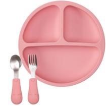 Kit Pratinho C/ Divisórias E Ventosas E Talheres Em Silicone E Aço Inox Rosa Buba