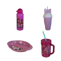 Kit Pratinho com 3 garrafinhas suco água leite infantil rosa