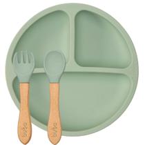 Kit Pratinho Com Divisórias Ventosas E Talheres Em Bambu E Silicone Verde Buba Kit Pratinho Com Divisórias Ventosas E Talheres Em Bambu E Silicone Verde Buba