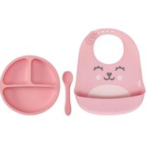 Kit pratinho divisoria + colher + babador gumy em silicone rosa - buba