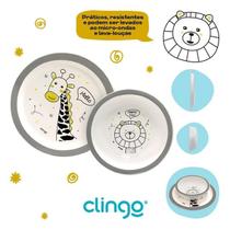 Kit Pratinho e Bowl Infantil Clingo Zoo Antiderrapante BPA Free Para Bebê