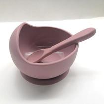 Kit Prato Bowl Ventosa Infantil + Colher Silicone Rosa 11.5cm