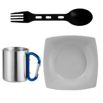 Kit Prato Branco Quadrado 22x22cm + Talher Dobravel + Caneca Kit Prato Branco Quadrado 22x22cm + Talher Dobravel + Caneca
