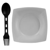 Kit Prato Branco Quadrado 22x22cm + Talher Dobrável Preto Kit Prato Branco Quadrado 22x22cm + Talher Dobrável Preto