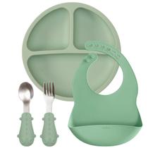 Kit Prato C/ Ventosas Babador Pega Migalhas Em Silicone E Talheres Em Inox Verde Buba