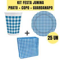 Kit prato + copo + guardanapo xadrez azul festa junina arraia - loja do abençoado