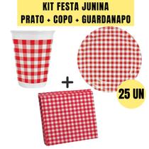 Kit prato + copo + guardanapo xadrez vermelho festa junina arraia (3 pratos + 1 copo + 1 guardanapo) - loja do abençoado