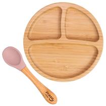 Kit Prato de Bambu com Ventosa e Divisórias + Colher Rosa