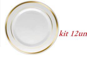 Kit Prato Descartável Luxo Dourado Refeição Sobremesa 12Un