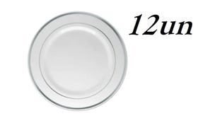 Kit Prato Descartável Luxo Prata Refeição Sobremesa 12un