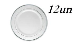 Kit Prato Descartável Luxo Prata Refeição Sobremesa 12Un