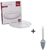 Kit Prato Fundo Pérola Vidro+ Espátula para Cortar Bolo Inox