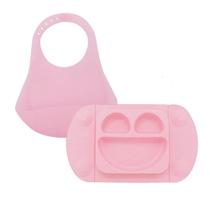 Kit Prato Infantil Com Ventosa E Babador Silicone Rosa Mimo Style