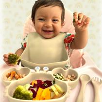 Kit Prato Infantil Silicone com Divisórias Pratinho Infantil com ventosa e divisórias e babador