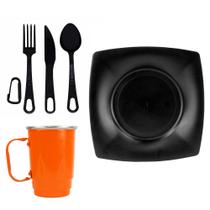 Kit Prato Preto Quadrado 22cm + Talheres + Caneca 350ml