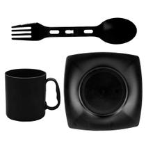 Kit Prato Preto Quadrado 22x22cm + Talher Dobravel + Caneca de Plastico Kit Prato Preto Quadrado 22x22cm + Talher Dobravel + Caneca de Plastico