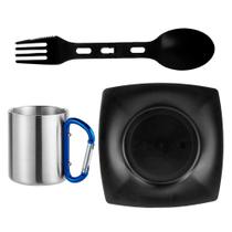 Kit Prato Preto Quadrado 22x22cm + Talher Dobravel + Caneca