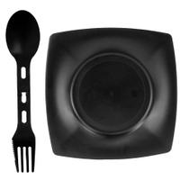 Kit Prato Preto Quadrado 22x22cm + Talher Dobrável Preto Kit Prato Preto Quadrado 22x22cm + Talher Dobrável Preto