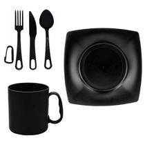 Kit Prato Preto Quadrado 22x22cm + Talher/Garfo/Faca + Caneca de Plastico Kit Prato Preto Quadrado 22x22cm + Talher/Garfo/Faca + Caneca de Plastico