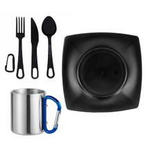 Kit Prato Preto Quadrado 22x22cm + Talheres + Caneca