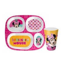 Kit Prato Refeição Infantil 4 Divisórias e Copo Melamina Minnie Mouse Disney - Tuut