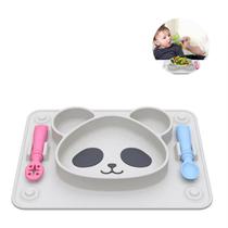 Kit Prato Refeição Infantil Bebê Talheres Panda Divisorias Ventosas Silicone 29x19cm BPA Free
