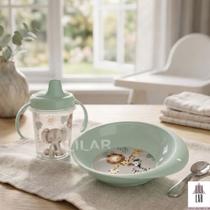 Kit Prato Tigela Infantil e Caneca Copo Trio Tampa Alça COR:SAFARI