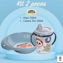 Kit Prato Tigela Infantil e Caneca Copo Trio Tampa Alça