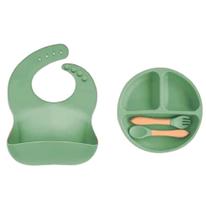 Kit Prato Ventosa Babador Colher e Garfo Infantil Silicone