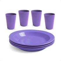 Kit Pratos e Copos Plástico Infantil 4 Unidades Cada Ideal para Merenda Escolar