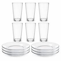 Kit Pratos Fundos e Copos de Vidro Transparente Liso para Mesa Posta e Uso Diário