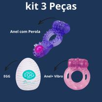Kit Prazer Masculino Egg Masturbador, Anel Peniano com Vibro e Anel Pérola Vibratório