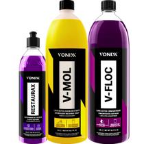 Kit Pré Lavagem Automotiva Shampoo Desengraxante V-Mol 1,5L Lava Autos Neutro V-Floc 1,5L Revitalizador Restaurax 500ml Vonixx