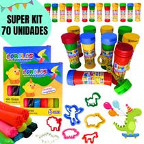 Kit Prenda 20 Bolha de Sabão 20 Massa Modelar 30 Cortadores Lembrancinha Festa Aniversário Infantil Brinquedo Criança Atacado