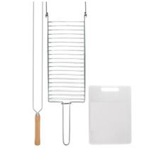 Kit Preparo Churrasco 3pcs Churrasqueira Grelha e Espeto 55cm Duplo Tabua de Corte Kit Preparo Churrasco 3pcs Churrasqueira Grelha e Espeto 55cm Duplo Tabua de Corte
