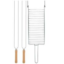 Kit Preparo Churrasco 3pcs Churrasqueira Grelha e Espetos 55cm Duplo Cabo Madeira