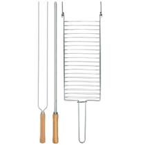 Kit Preparo Churrasco 3pcs Churrasqueira Grelha e Espetos 55cm Simples e Duplo Cabo Madeira