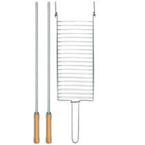 Kit Preparo Churrasco 3pcs Churrasqueira Grelha e Espetos Simples 55cm Cabo Madeira